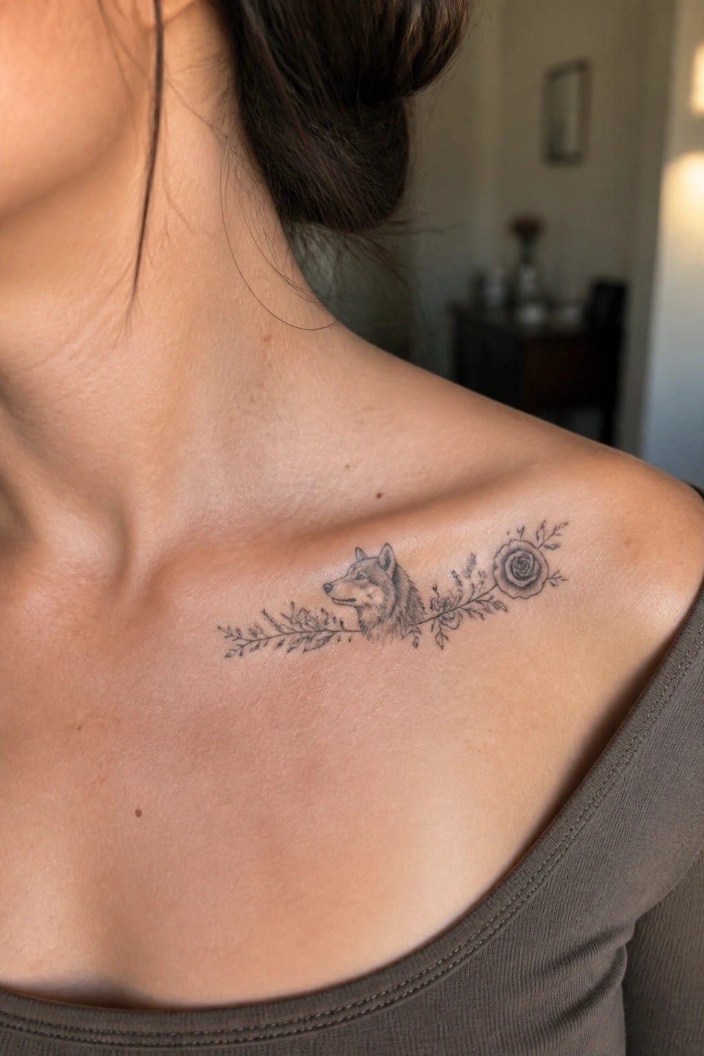 Woman's shoulder tattoo of wolf head, rose, and leafy branches in black ink