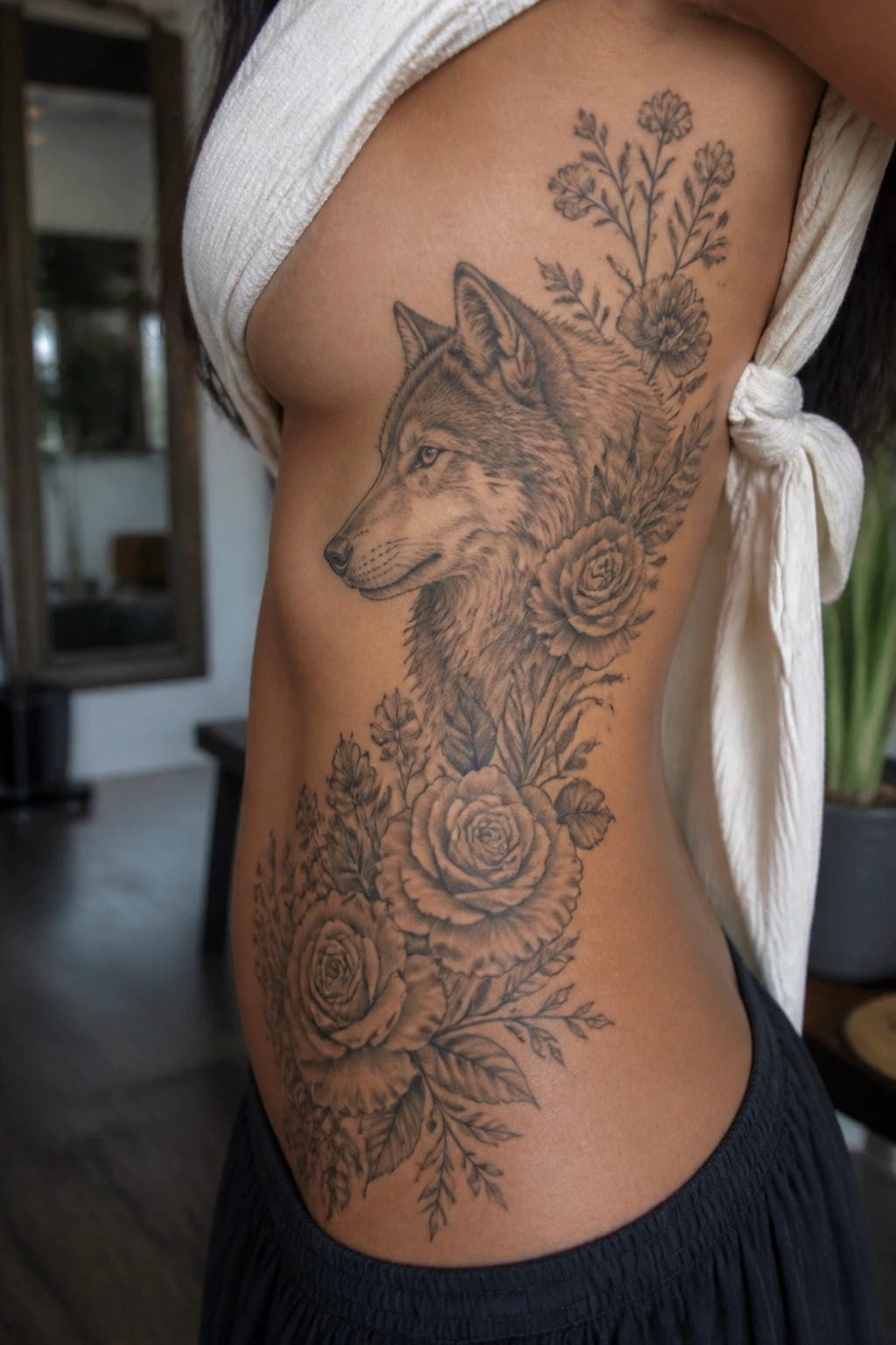 Woman's side torso with realistic black-and-gray wolf and rose tattoo