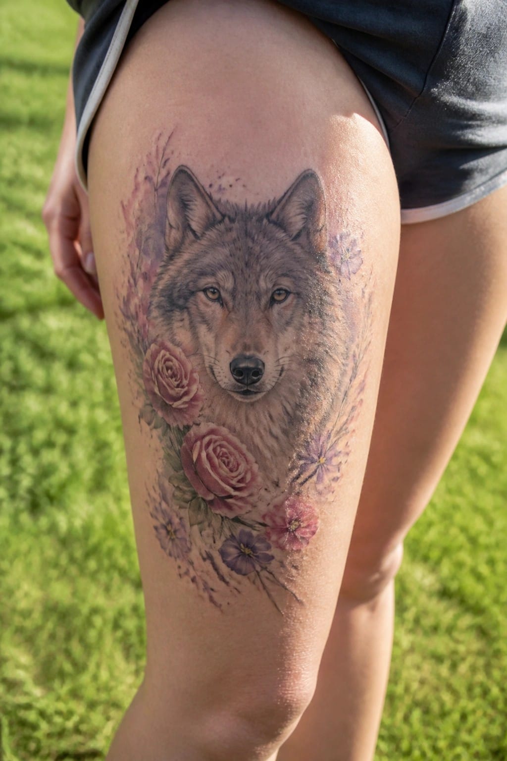 Wolf tattoo with pink roses and purple flowers on thigh in grass