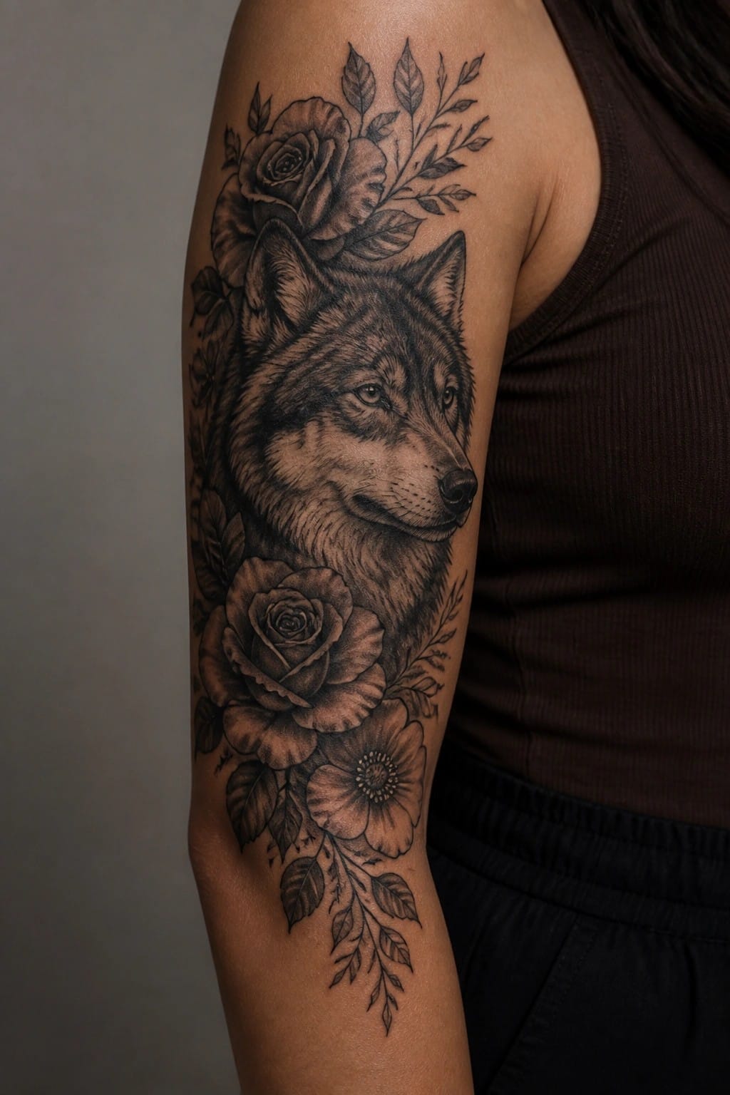 Wolf and rose tattoo on upper arm of person in brown tank top