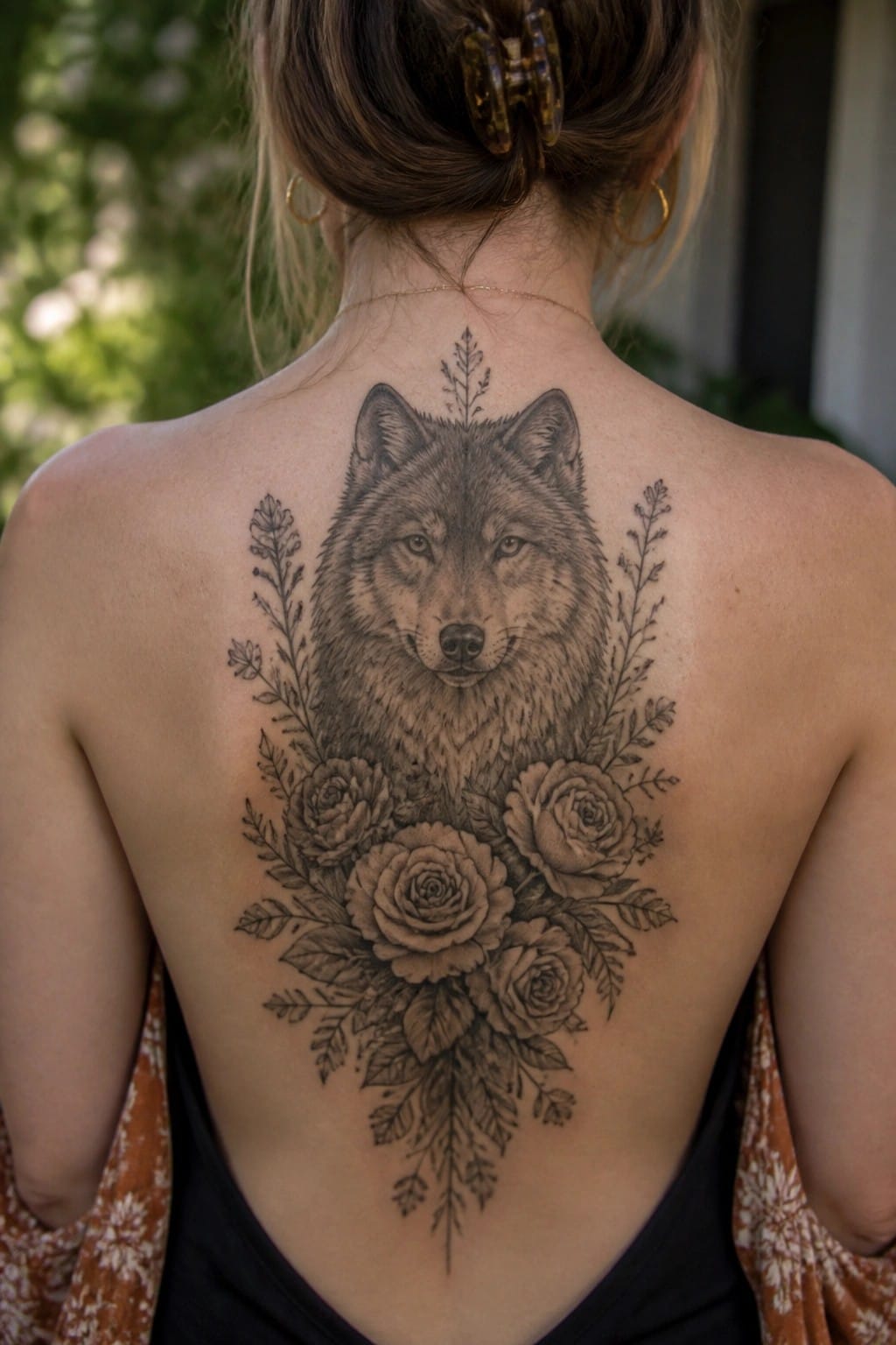 Black and grey wolf head tattoo on a woman's upper back with roses clustered below and leaves framing both sides.