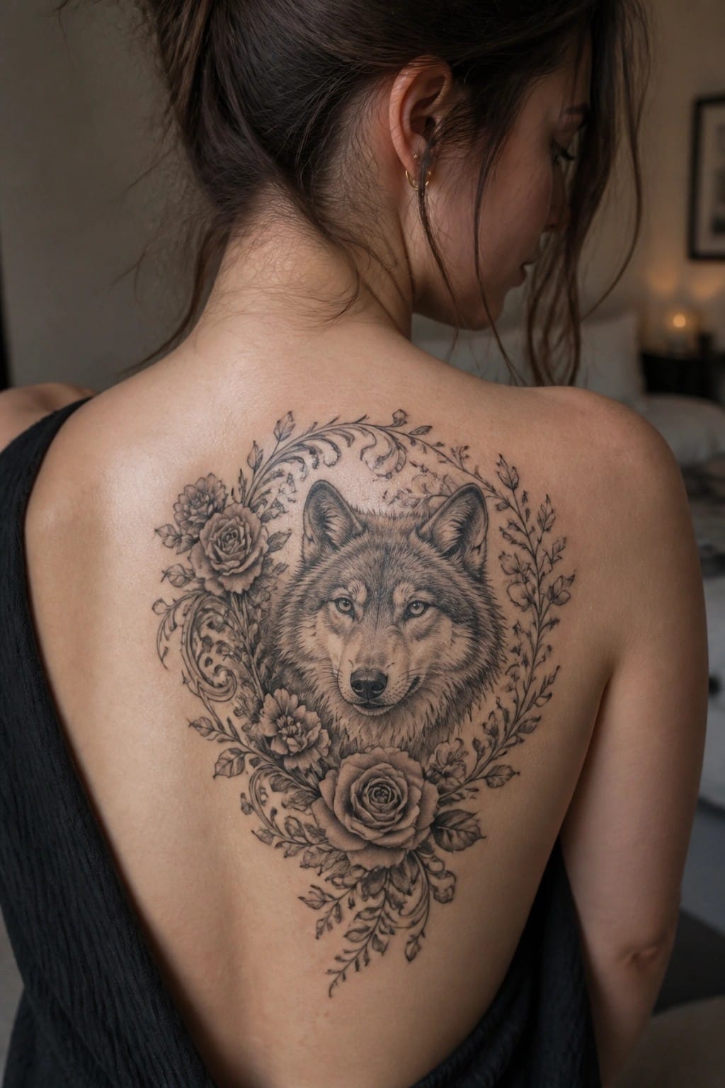 Realistic black and grey wolf head tattoo with roses and vines framing it on a woman's upper back