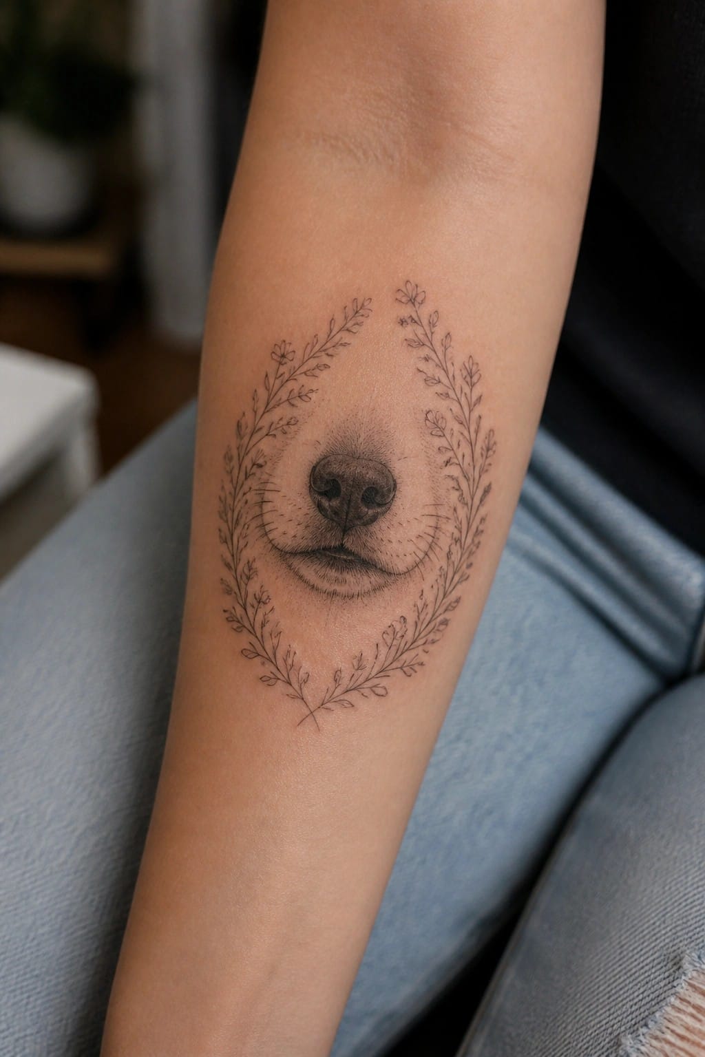 Fine line tattoo of a wolf nose and mouth framed by a circular wreath of wildflowers on the inner forearm
