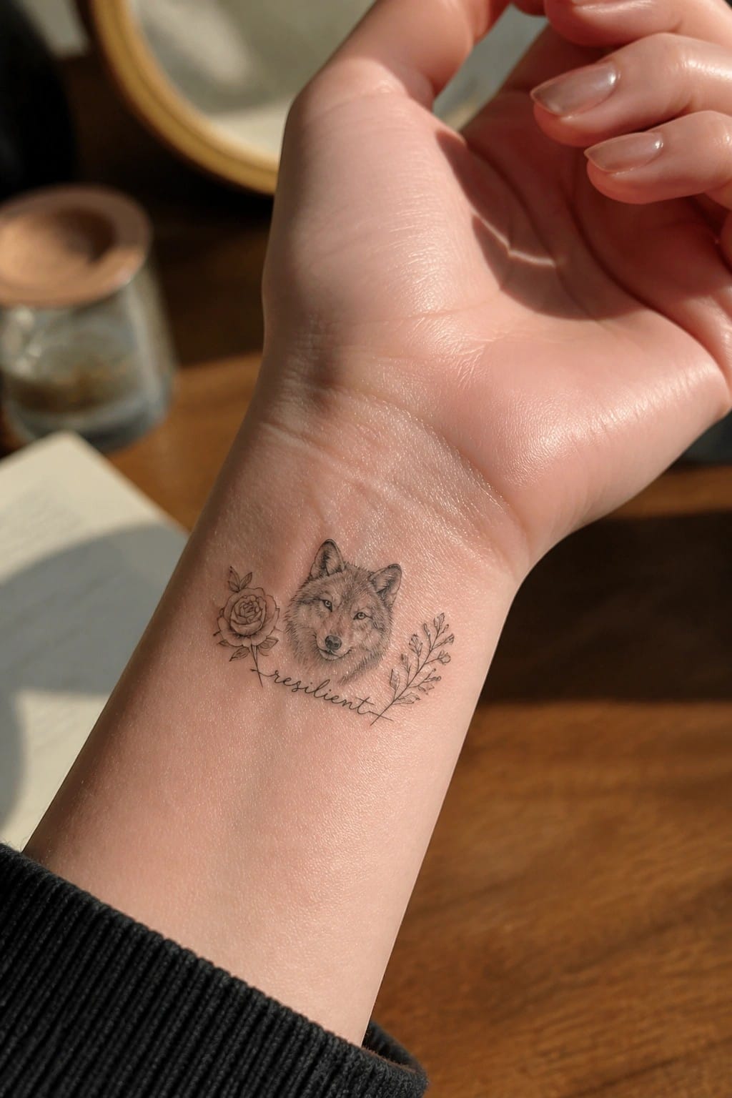 Wolf head tattoo with rose, leaves, and