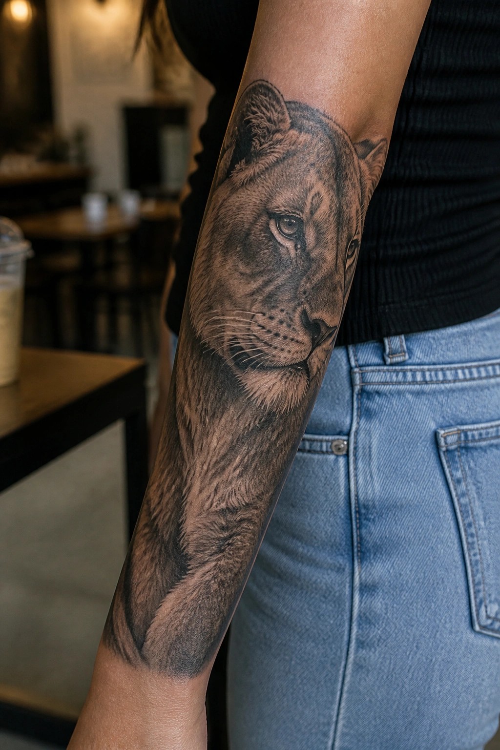 Realistic black and grey lioness tattoo on the forearm with detailed fur and face.