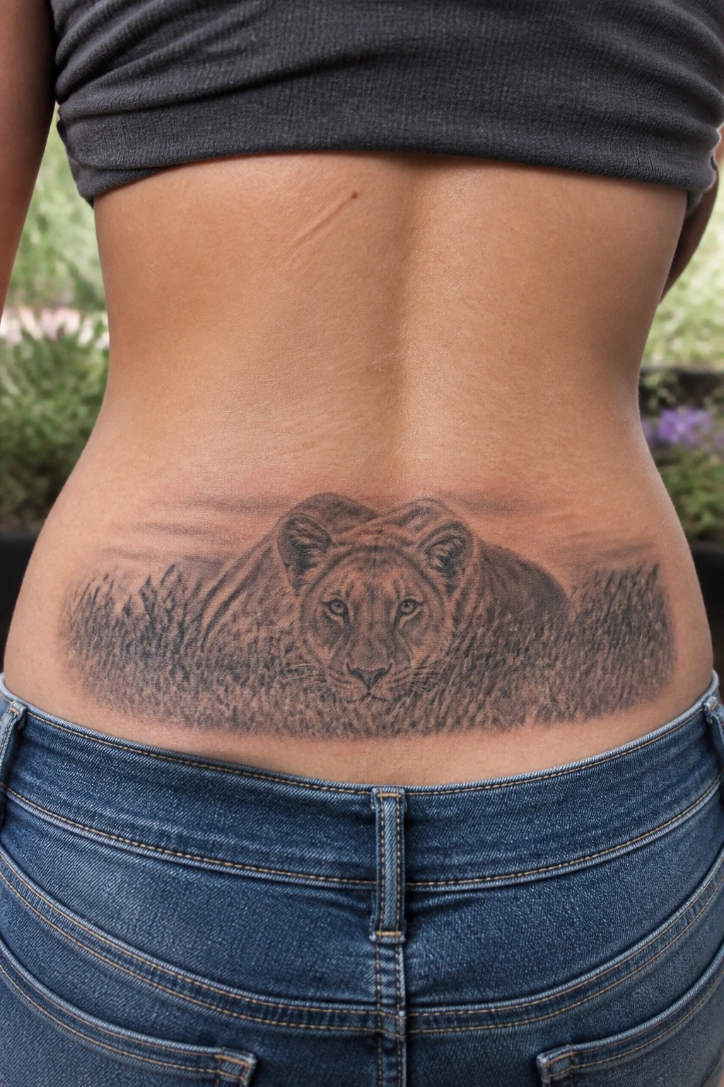 Realistic black and grey lioness tattoo centered on the lower back with grass details on either side.