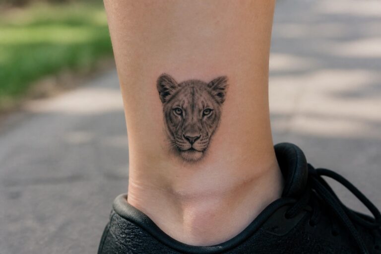 18 Realistic Lioness Tattoo Designs That Capture Fierce Eyes, Fur Texture, and Lifelike Detail Realistic lioness tattoo on ankle above light gray sock on pavement.