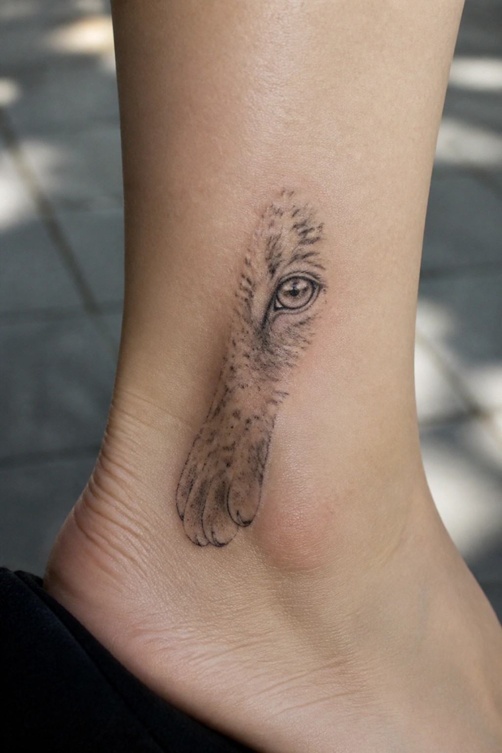 Black ink tattoo of animal eye with fur and paw on ankle