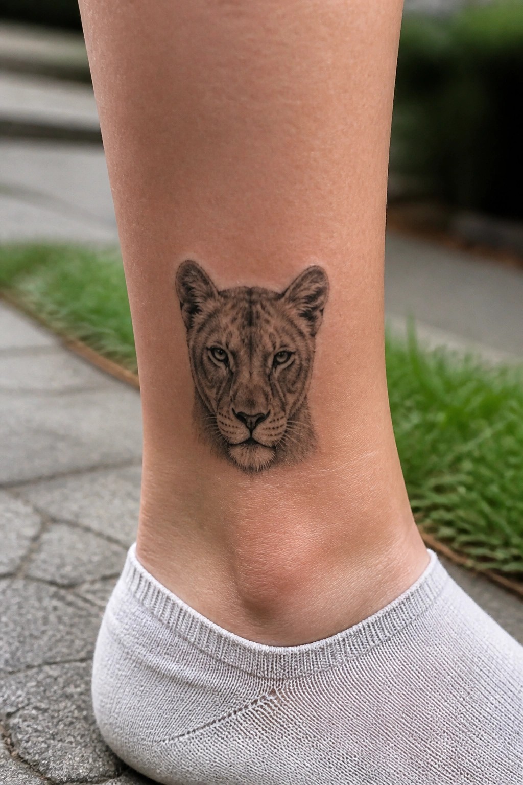 Realistic lioness tattoo on ankle above light gray sock on pavement.