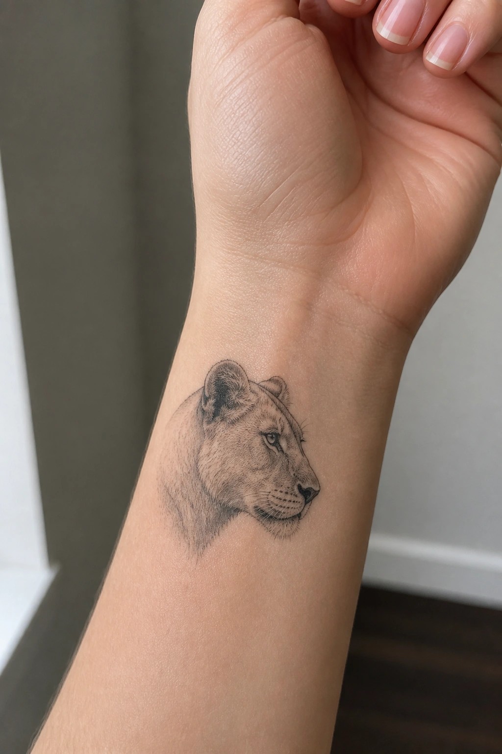 Detailed realistic lioness tattoo on inner wrist below a fist