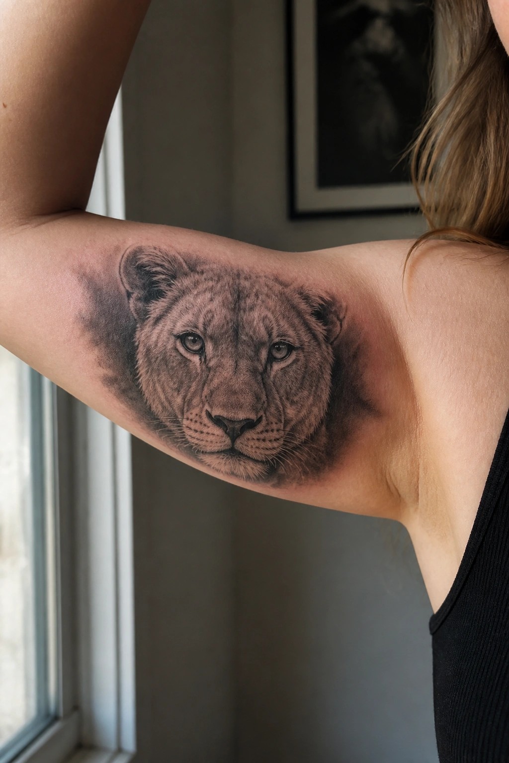 Detailed grayscale lion tattoo on woman's raised upper arm in black top