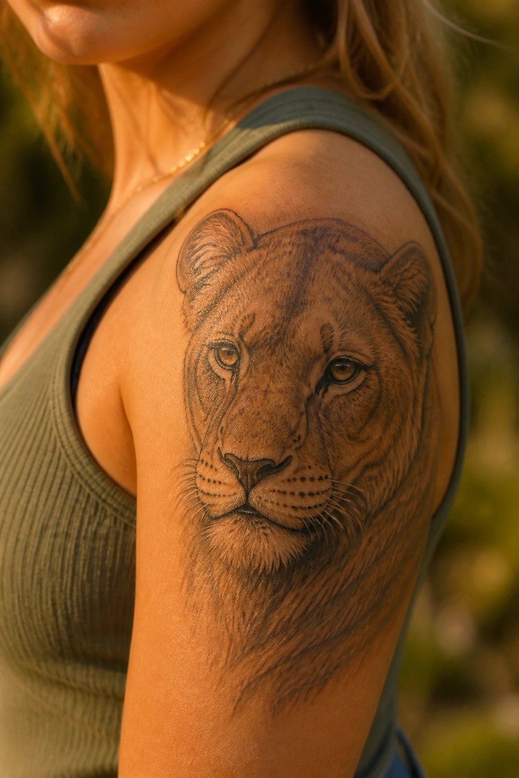 Woman's shoulder with detailed lioness tattoo in warm sunlight, green tank top.