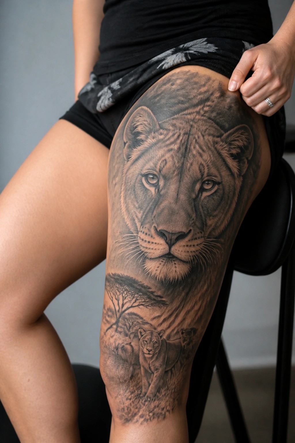Realistic black and gray lioness tattoo on the thigh with a large face above a small savanna scene.