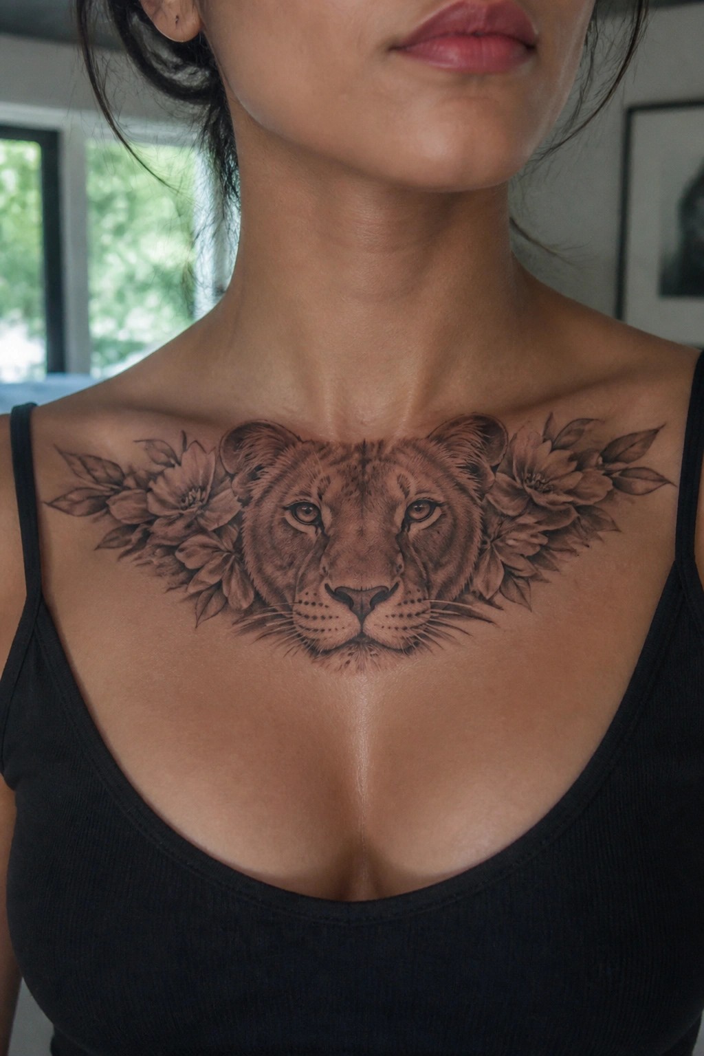 Lion and flower tattoo on woman's chest above black tank top
