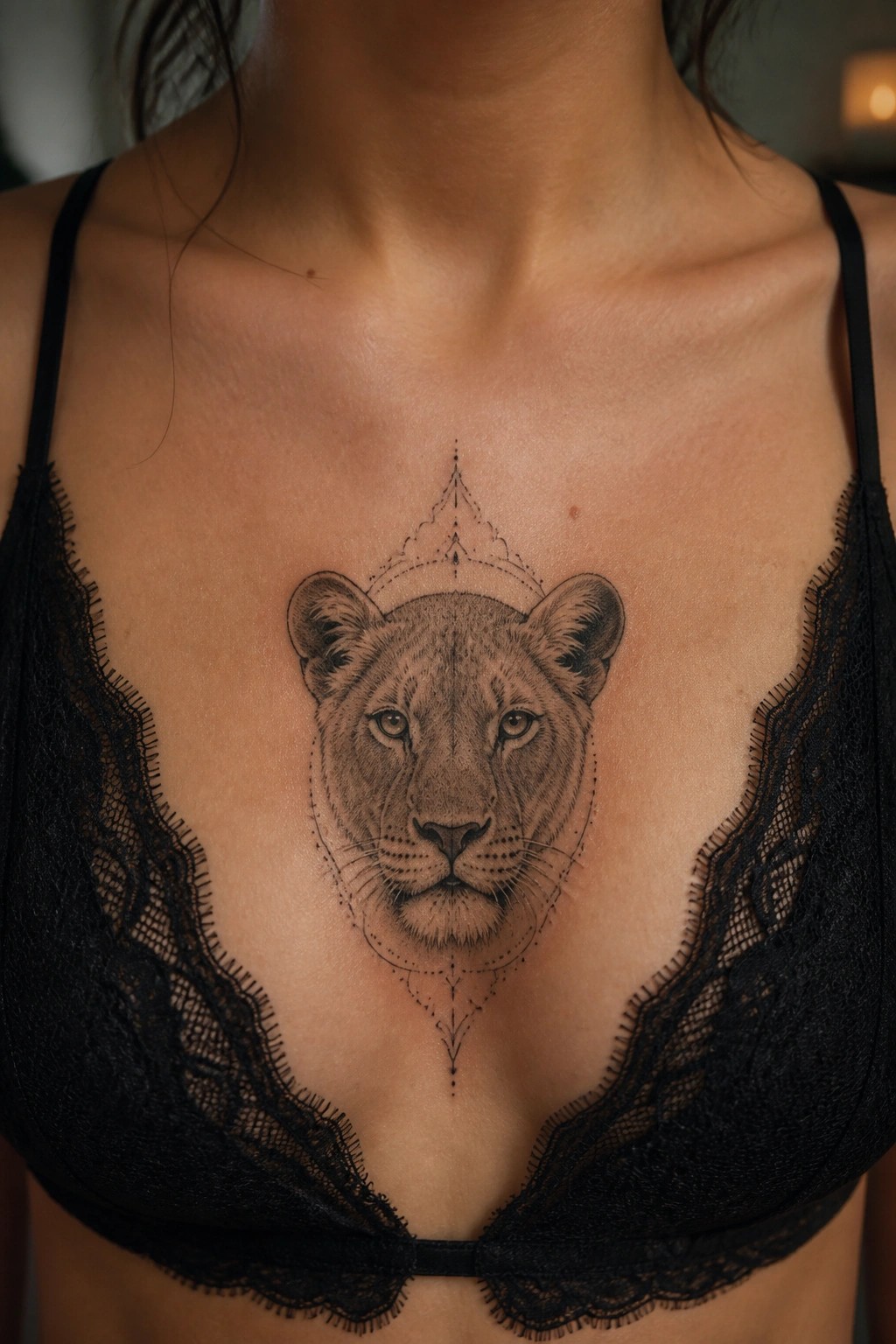 Lioness face tattoo on chest framed by black lace bra straps