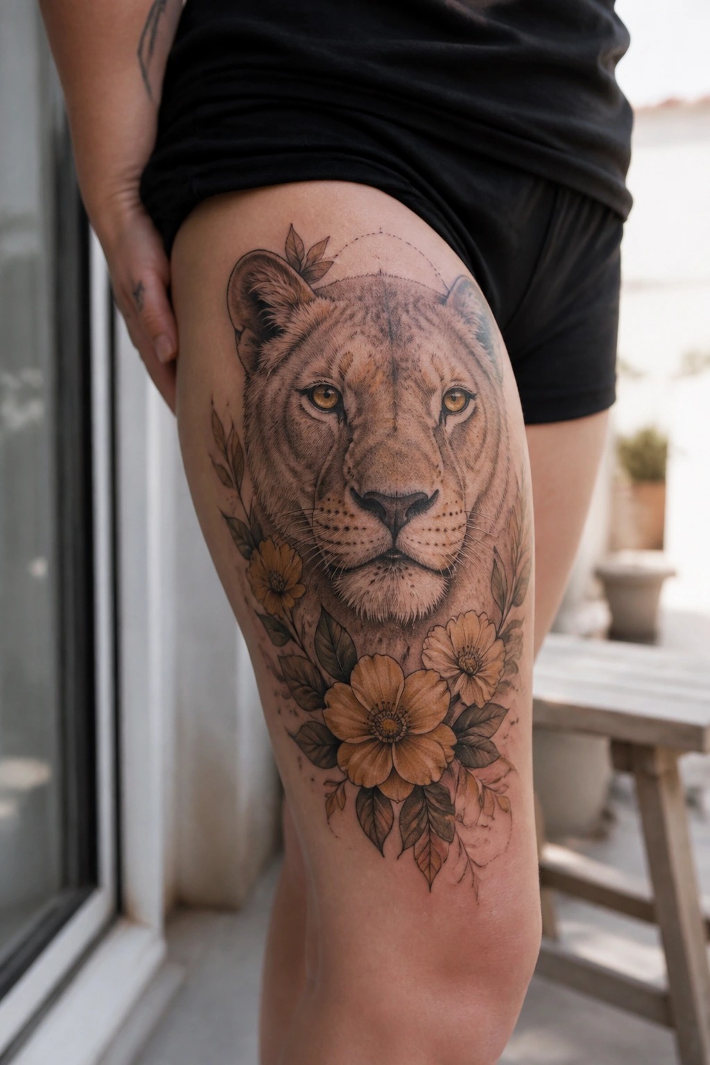 Thigh tattoo of lioness face with yellow flowers on person in black shorts