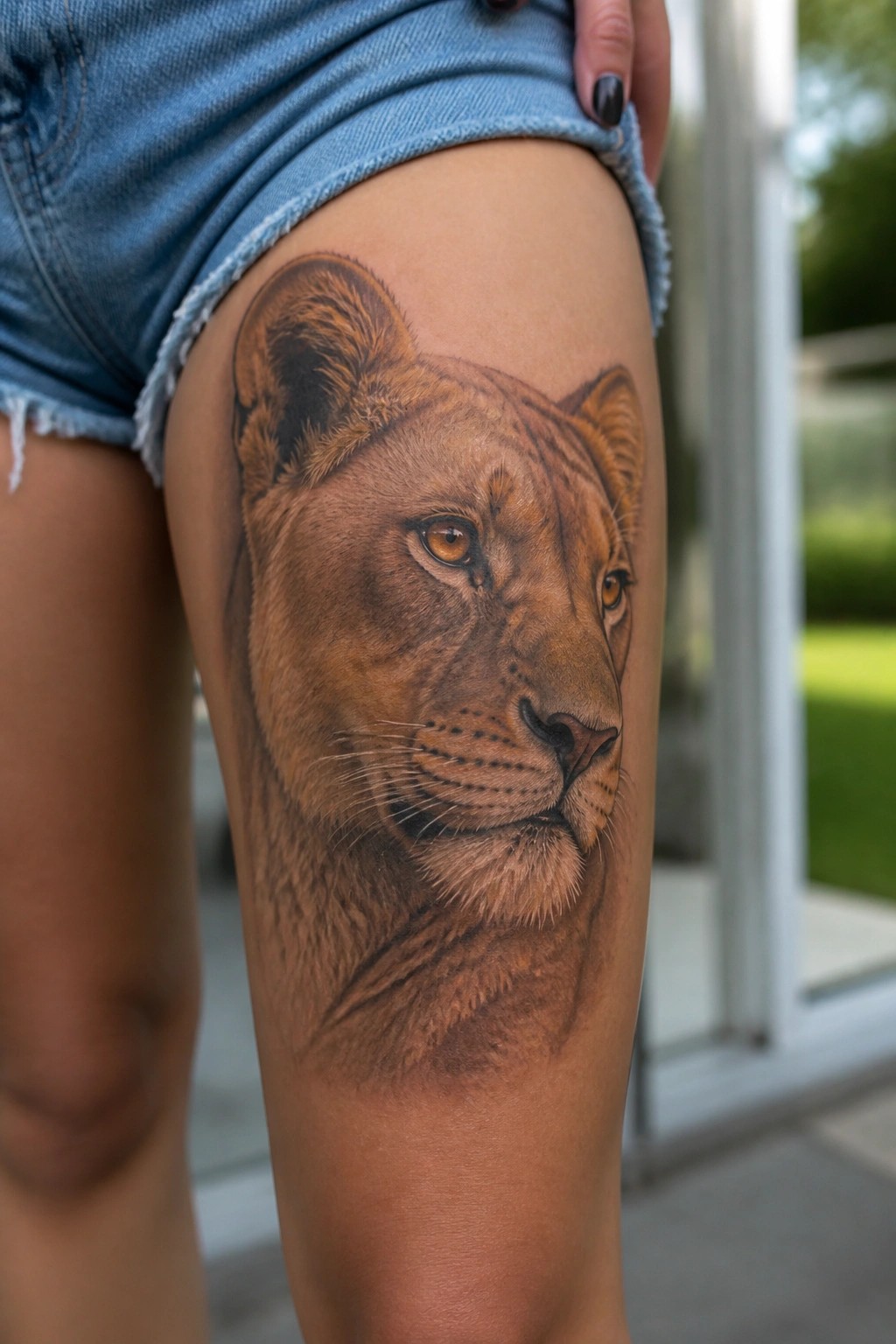 Realistic brown lioness tattoo on thigh beneath frayed blue denim shorts