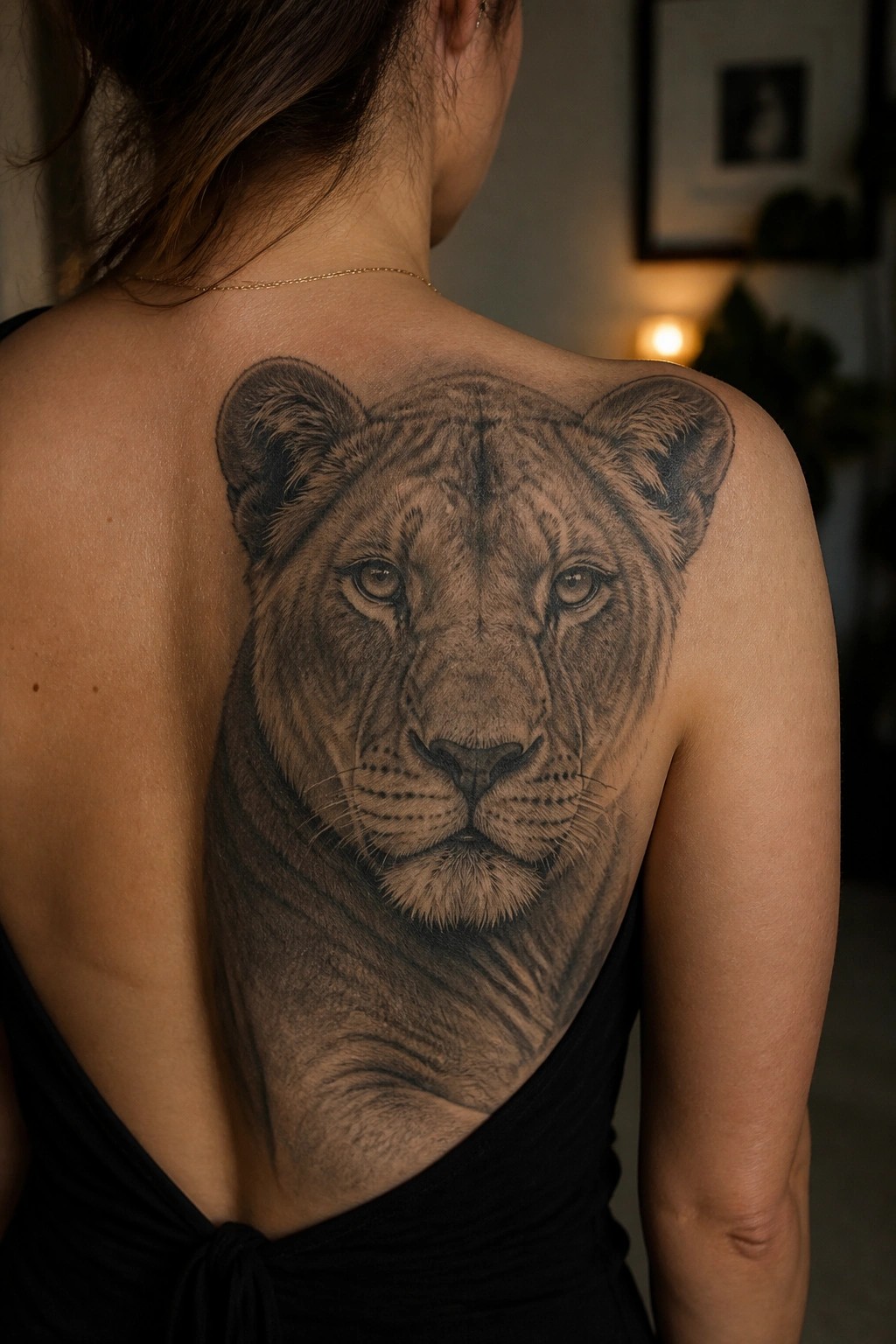 Woman viewed from behind with a large realistic black and gray lioness tattoo covering her upper back and shoulders.