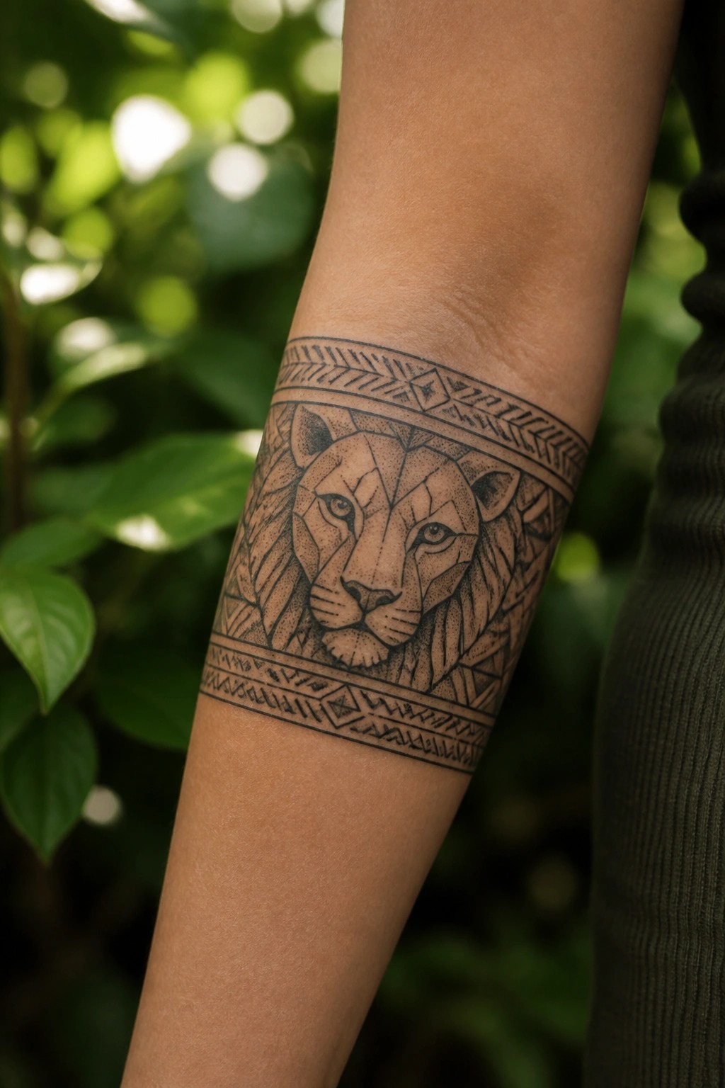 Geometric lion head tattoo on arm with patterned borders and green foliage background