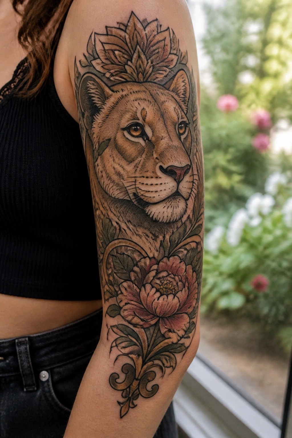 Realistic lioness tattoo on a forearm with a floral crown above the head and a large peony below surrounded by leaves and vines.