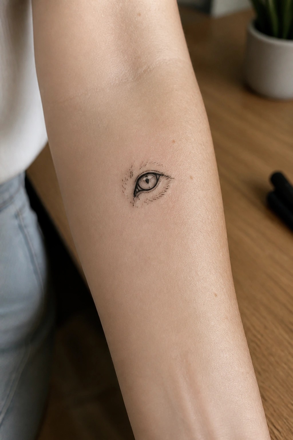 Eye tattoo on forearm of person in white shirt and blue jeans