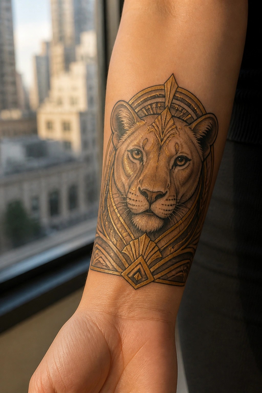 realistic lioness head tattoo on inner forearm with gold geometric art deco frame and symmetrical patterns