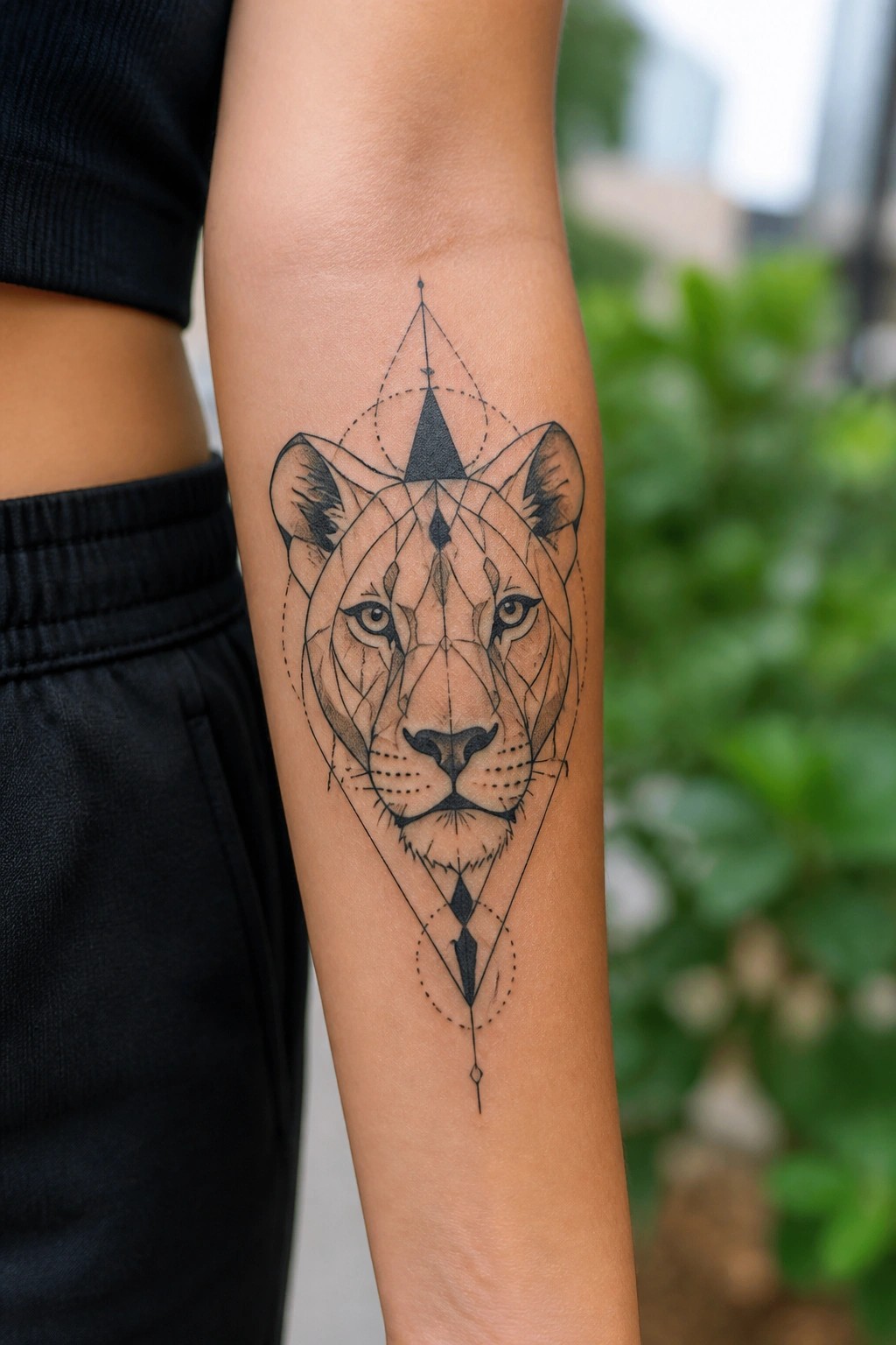 Black and grey geometric lioness tattoo on a forearm with triangular accents and fine line details