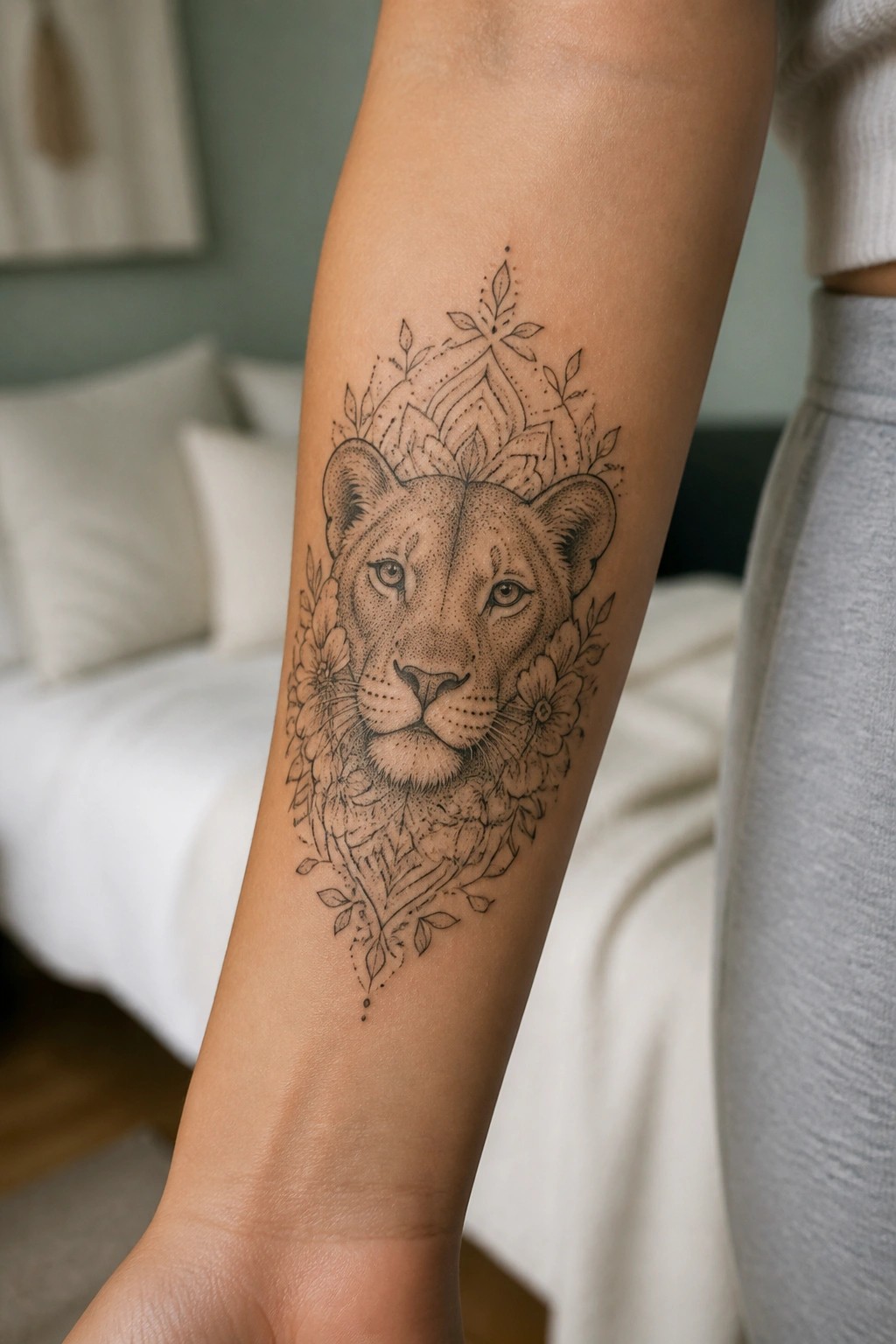 Black and grey lioness head tattoo on inner forearm with flowers and geometric patterns above and below