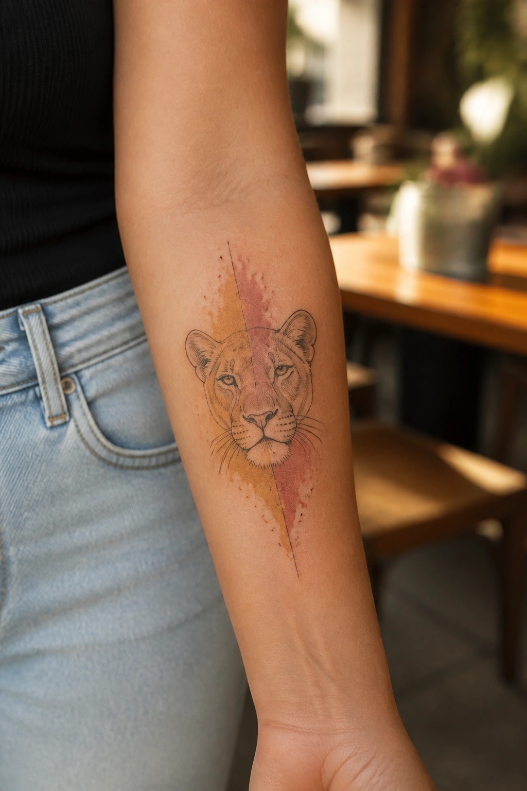 Lioness face tattoo on the forearm in black line art with watercolor orange and pink on one side