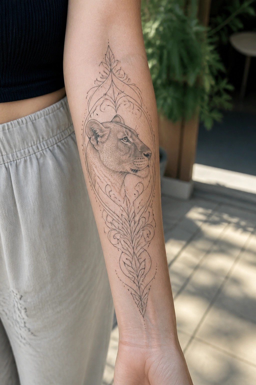 Intricate lioness tattoo with ornate leaf patterns on forearm in sunlight