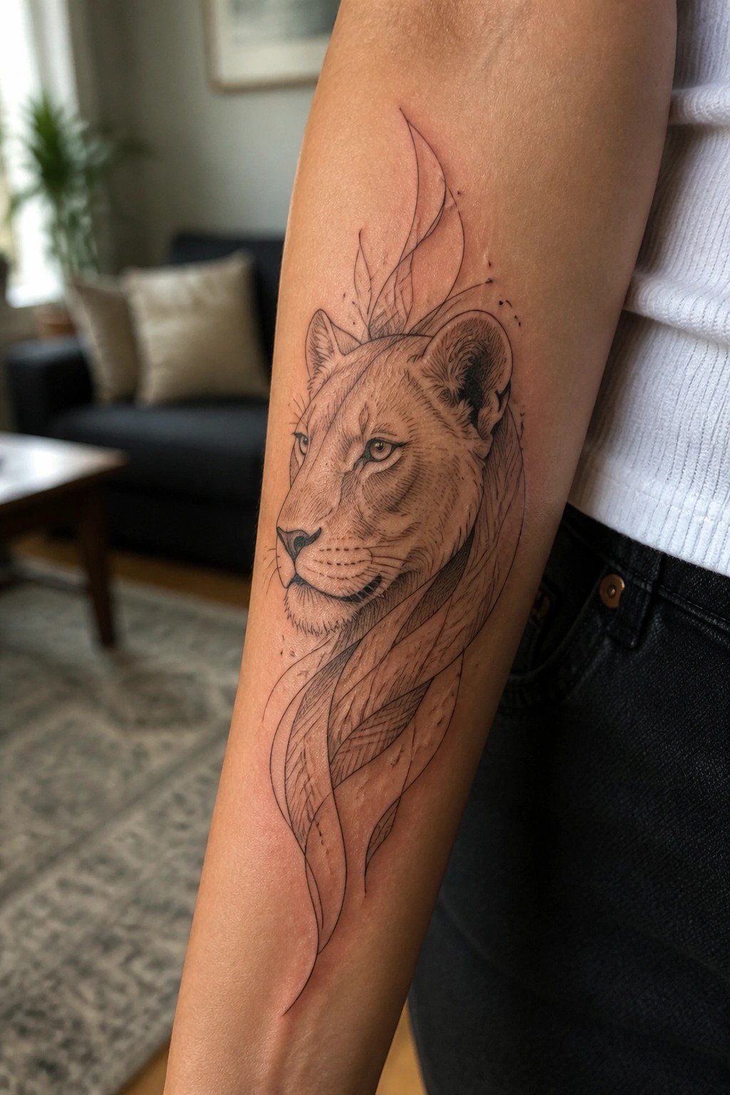 Detailed lioness tattoo with leafy mane on forearm in living room setting.