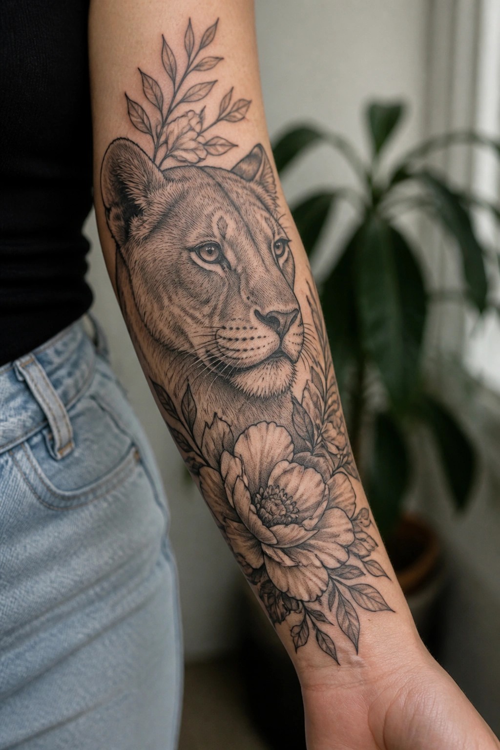 Black and grey realistic tattoo of a lioness head with flowers and leaves covering the inner forearm.