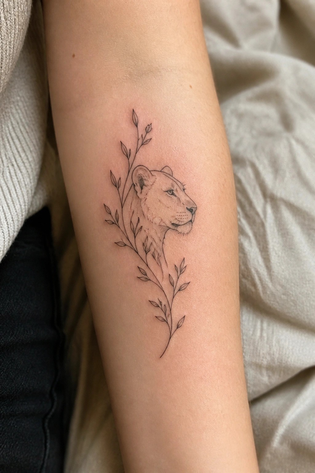 Lioness tattoo with leafy branches on a light-skinned forearm