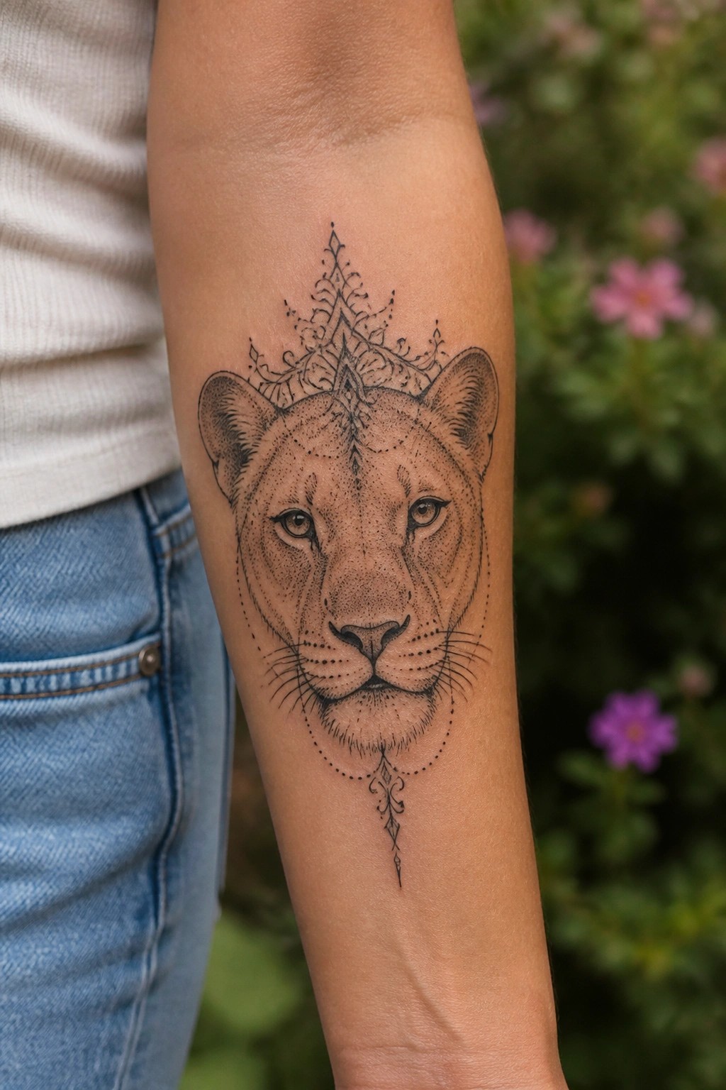 Lion tattoo with ornate mandala crown on forearm, white shirt and jeans visible