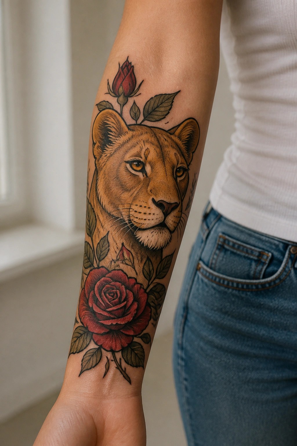 Lioness head tattoo with red roses on forearm, white shirt and jeans.