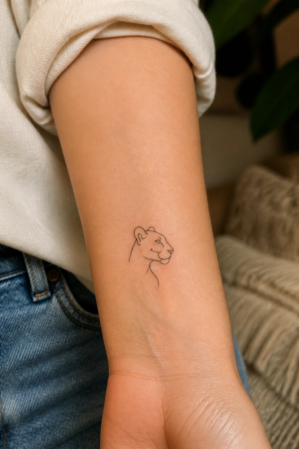 Minimalist lioness head tattoo on forearm beneath rolled white sleeve and blue jeans