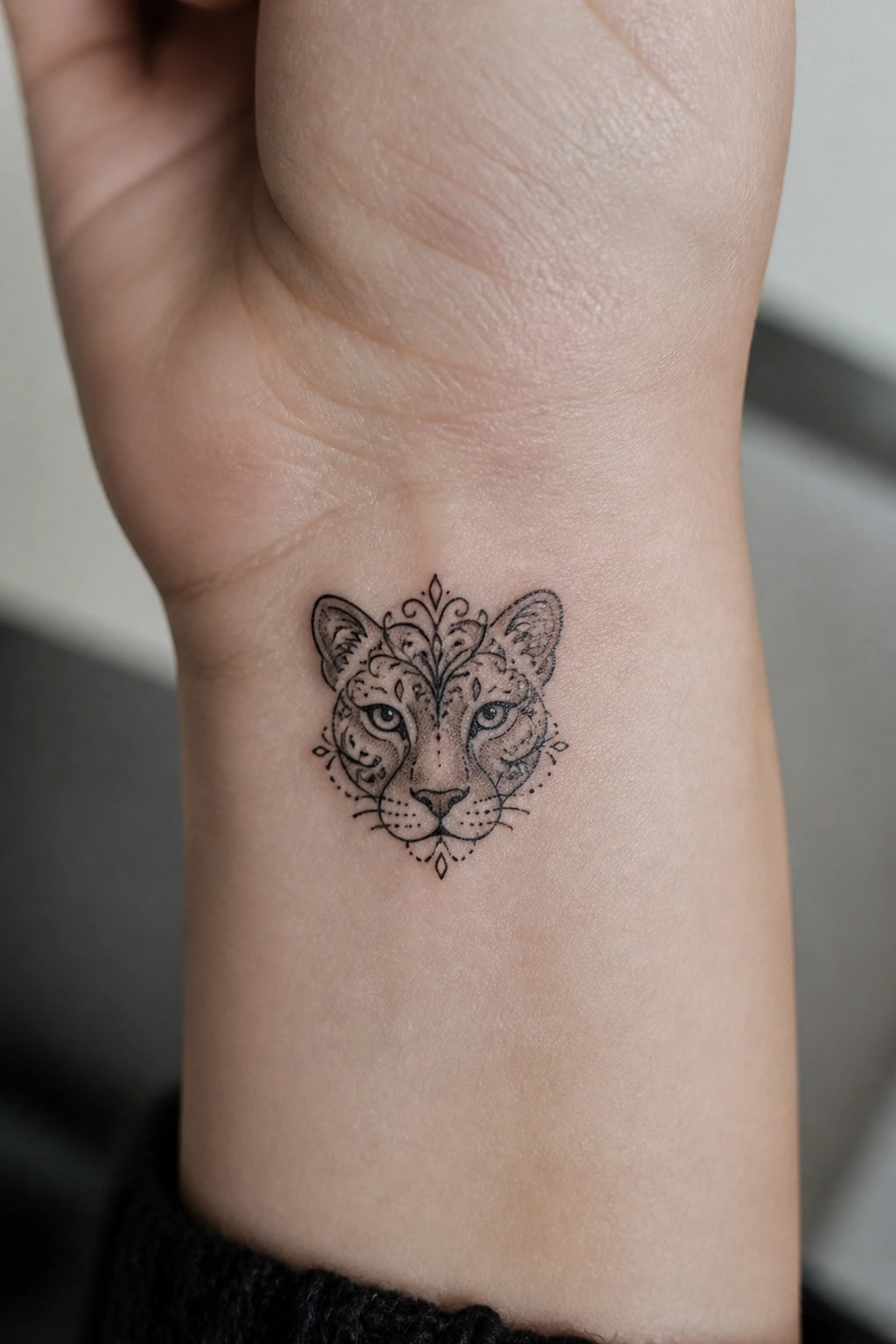 Ornate black ink cheetah face tattoo with floral details on wrist