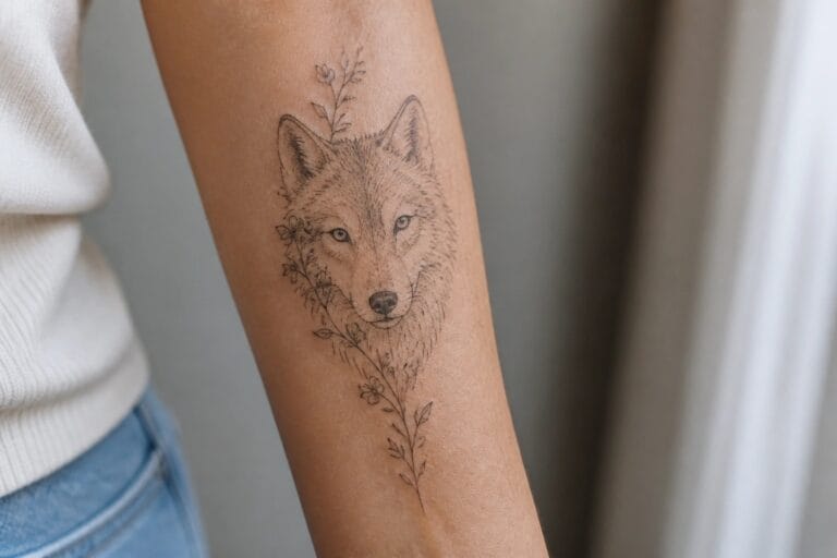 20 Delicate Wolf Tattoo Ideas for Women Using Soft Lines, Florals, and Feminine Detail Wolf tattoo with foliage on forearm, white top and blue jeans visible.