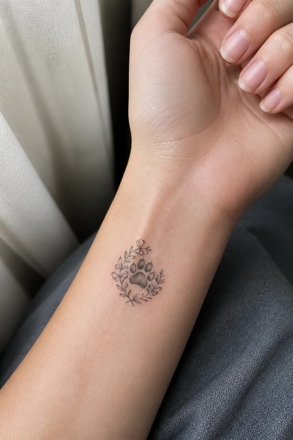 Fine line black ink tattoo of a wolf paw print wrapped in small flowers and leaves on the inner wrist.