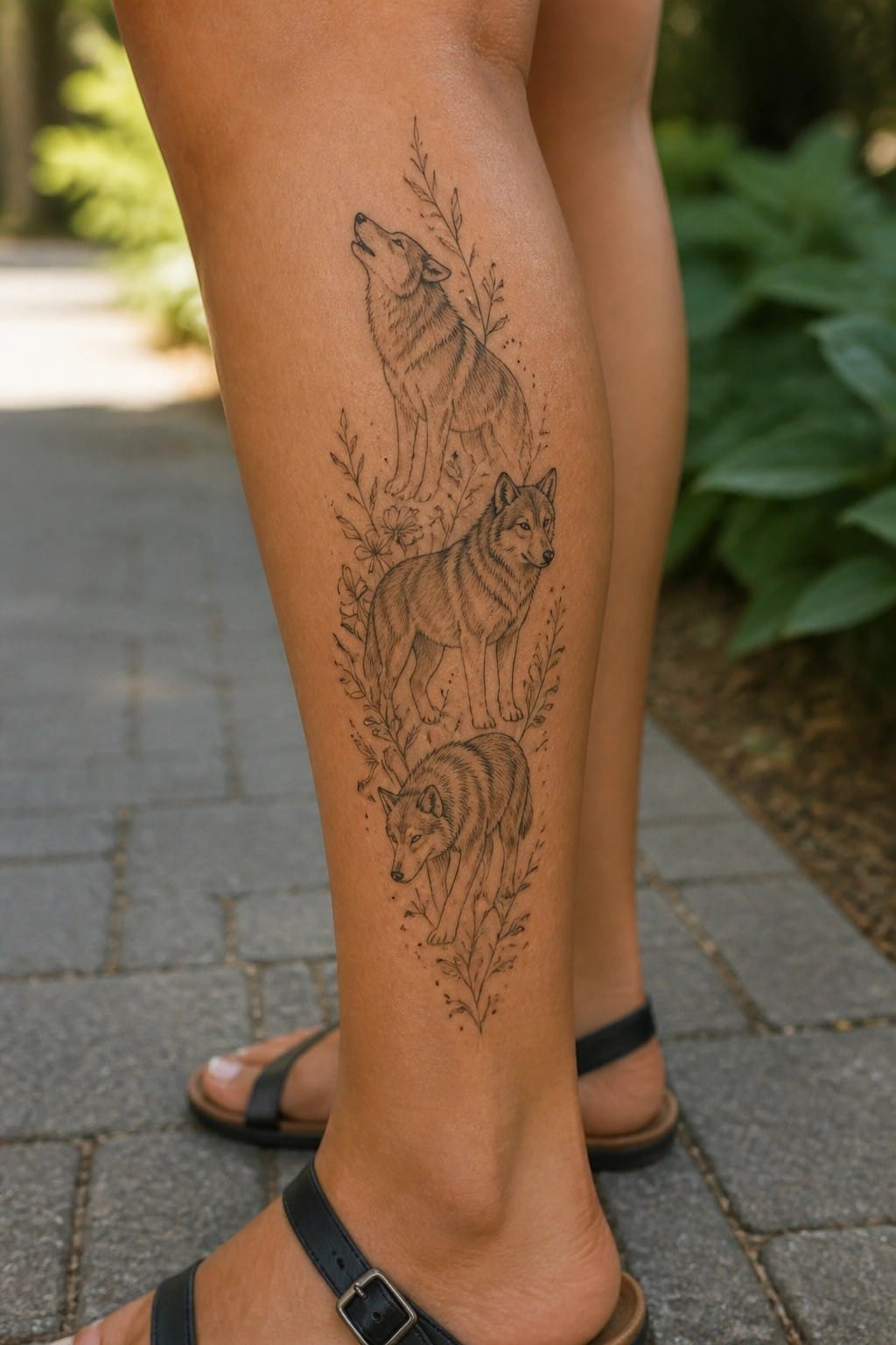 Fine line black and grey tattoo of three wolves with small florals running vertically down the lower leg