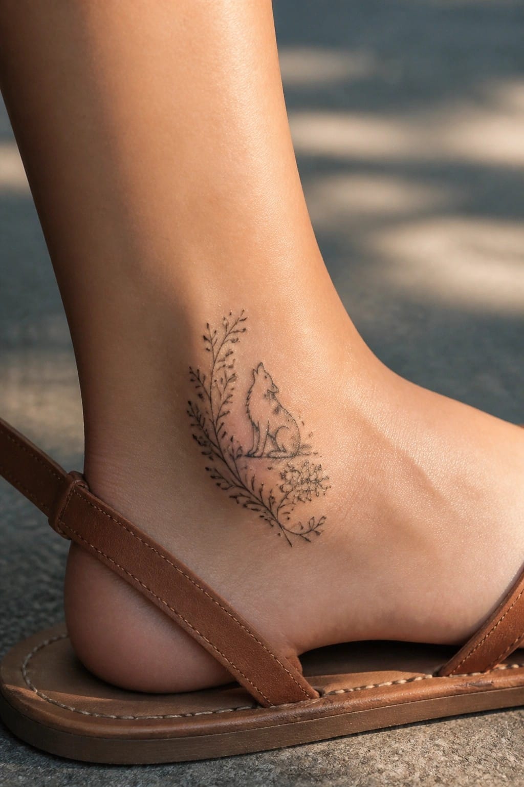 Delicate line tattoo of a sitting wolf with floral branches on the ankle above a brown sandal.