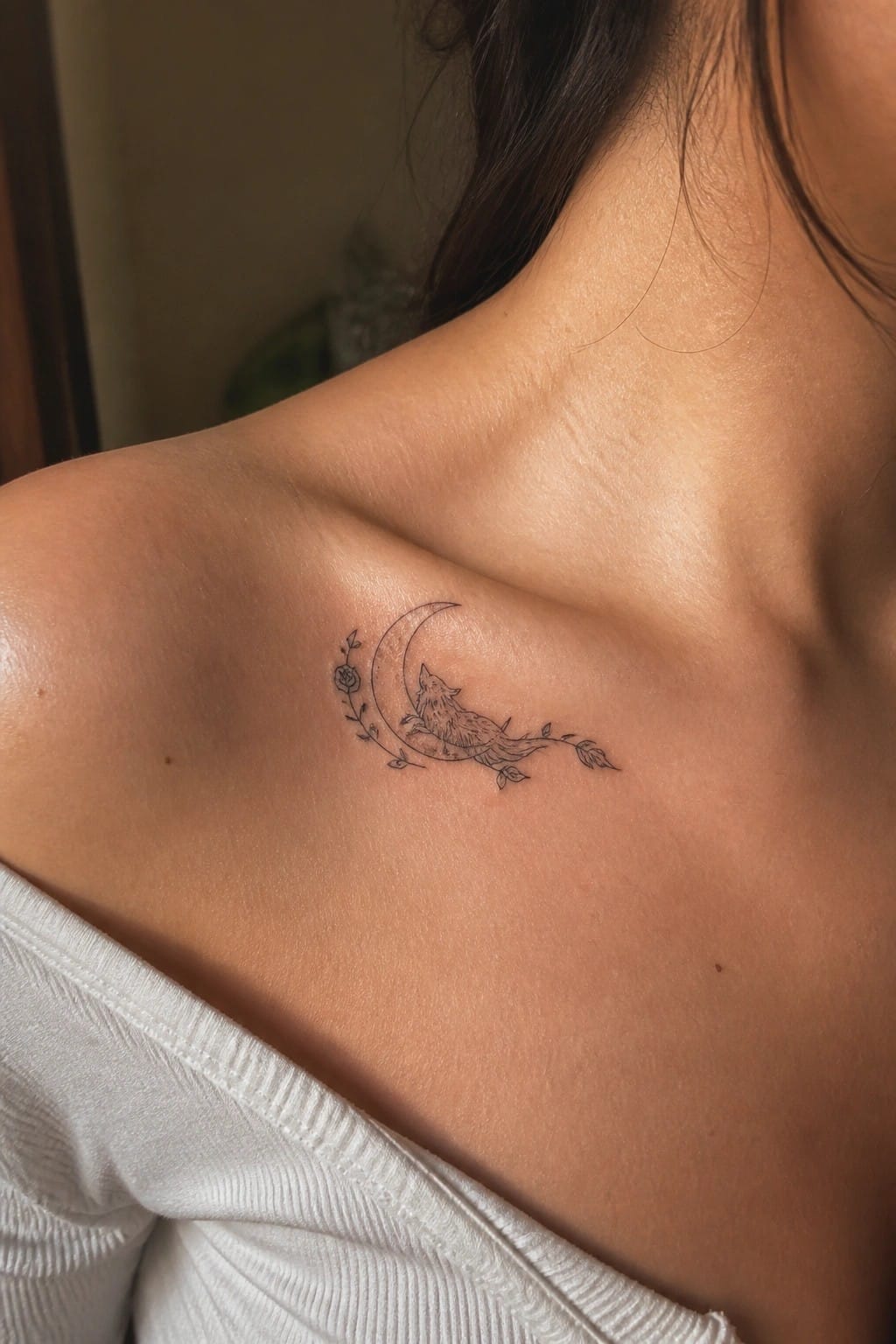 Fine line tattoo of a wolf on a crescent moon with floral vines placed on a woman's upper shoulder.