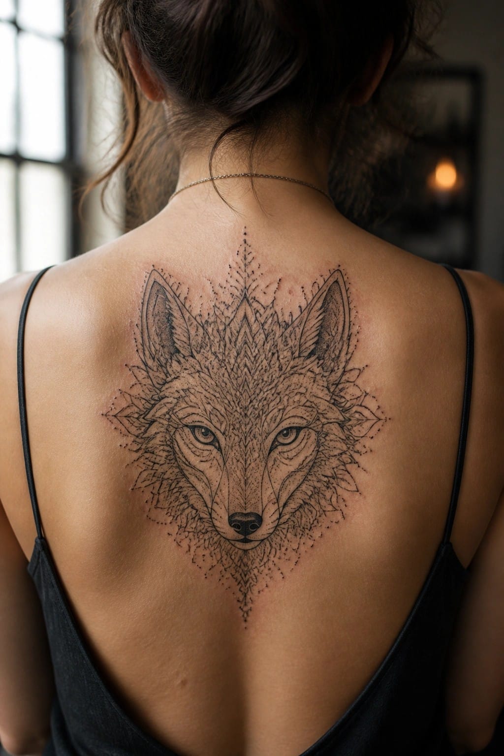 Woman's back with intricate fox tattoo in black tank top and necklace