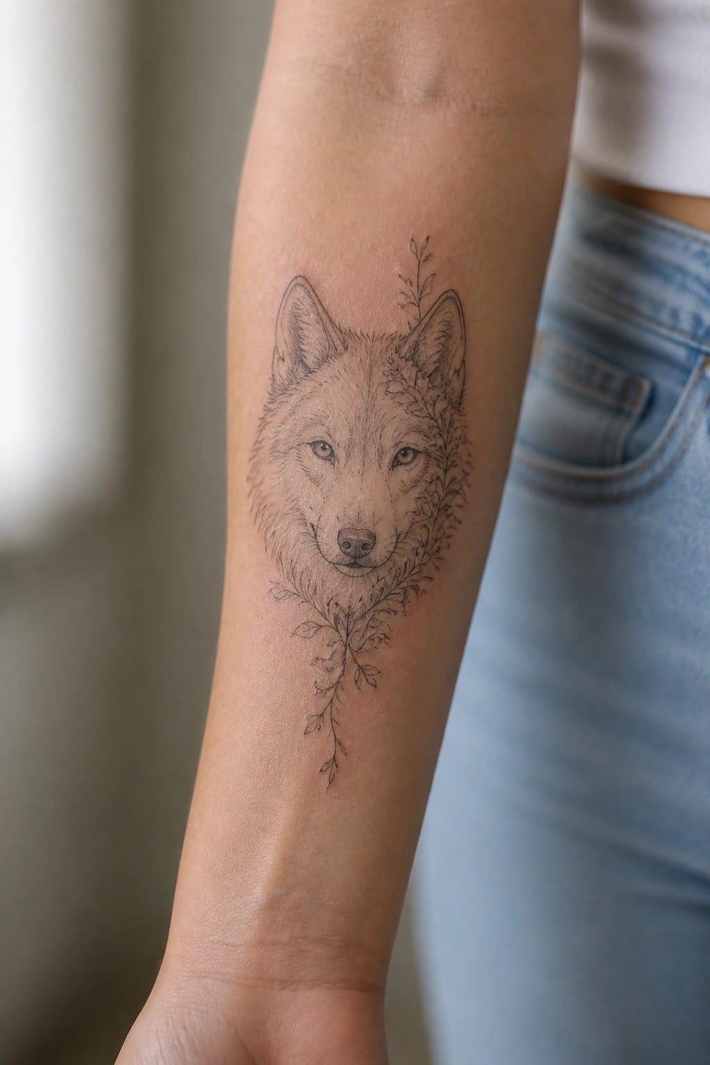 Wolf tattoo with foliage on forearm, white top and blue jeans visible.