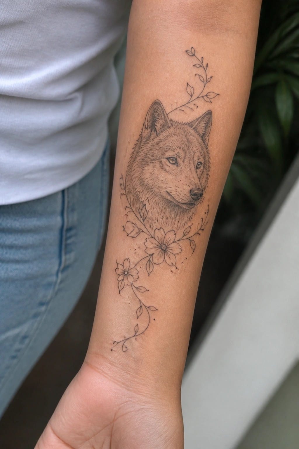 Fine line wolf head tattoo on the inner forearm with small flowers and vines extending along the arm