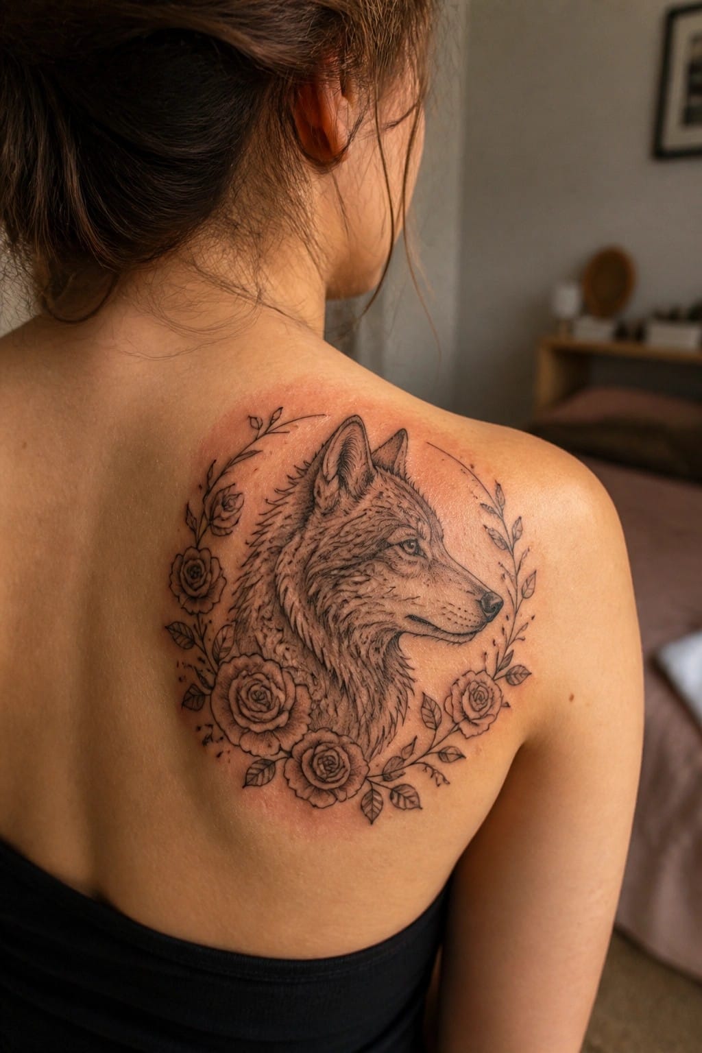 Black and grey wolf head tattoo with roses on a woman's upper back and shoulder