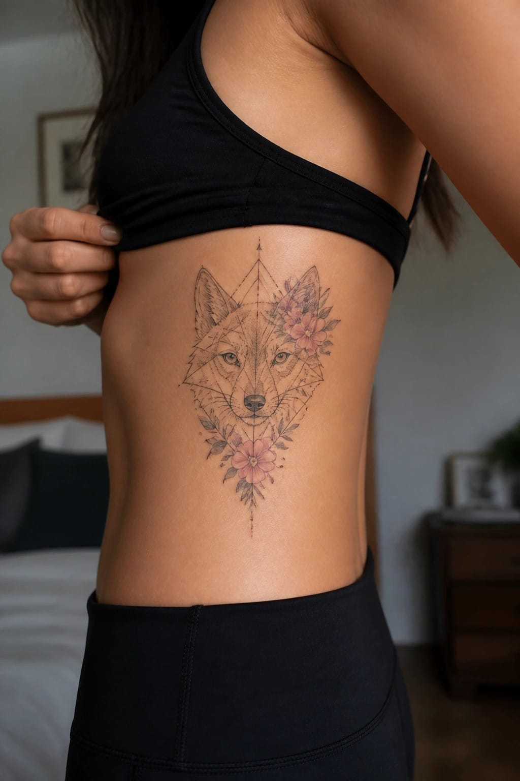 Woman lifting black top to reveal geometric fox tattoo with flowers on ribs