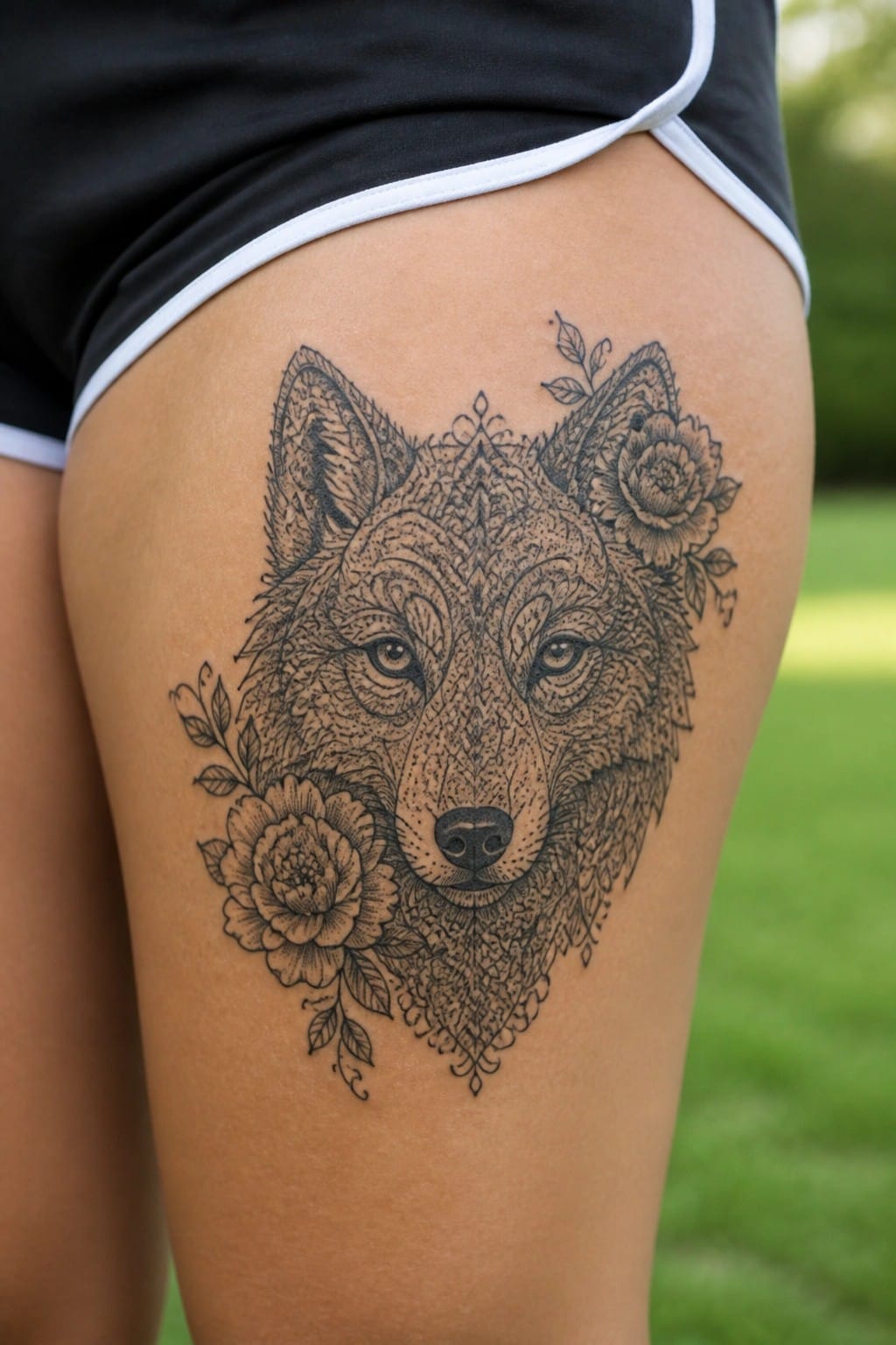 Intricate wolf head tattoo with roses on thigh under black athletic shorts