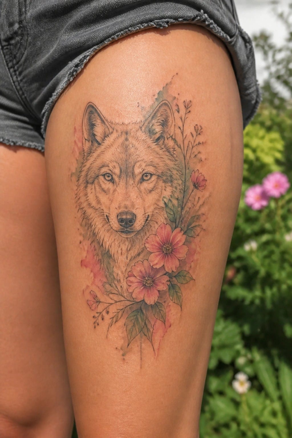 Wolf and pink flower tattoo on thigh under denim shorts