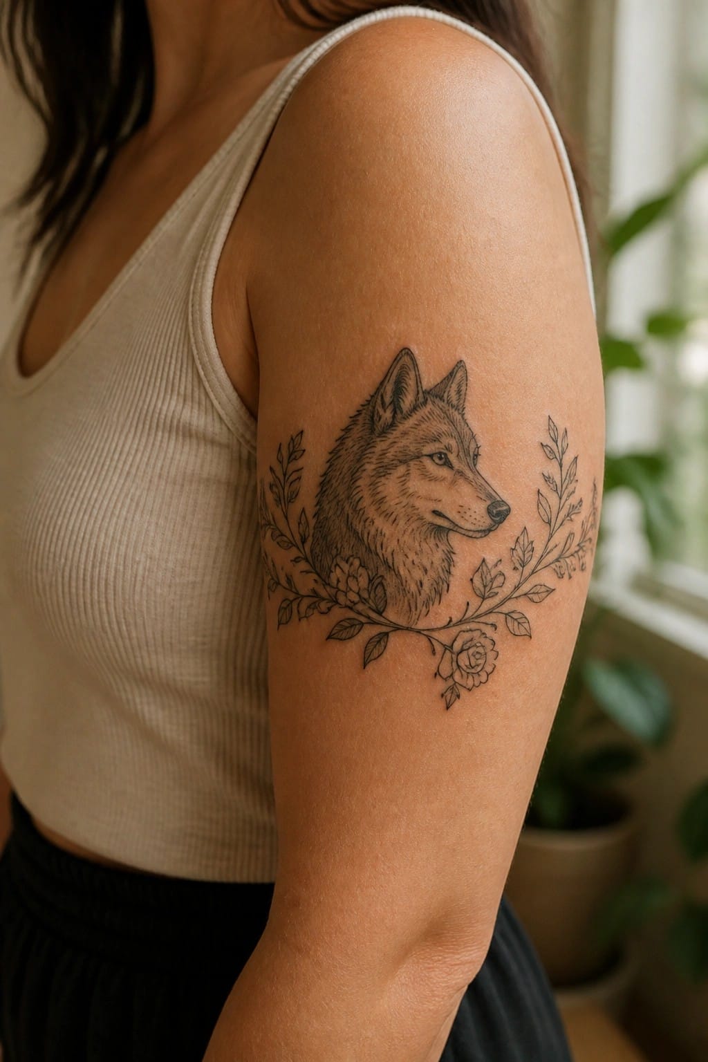 Wolf head tattoo with floral branches on upper arm in beige tank top
